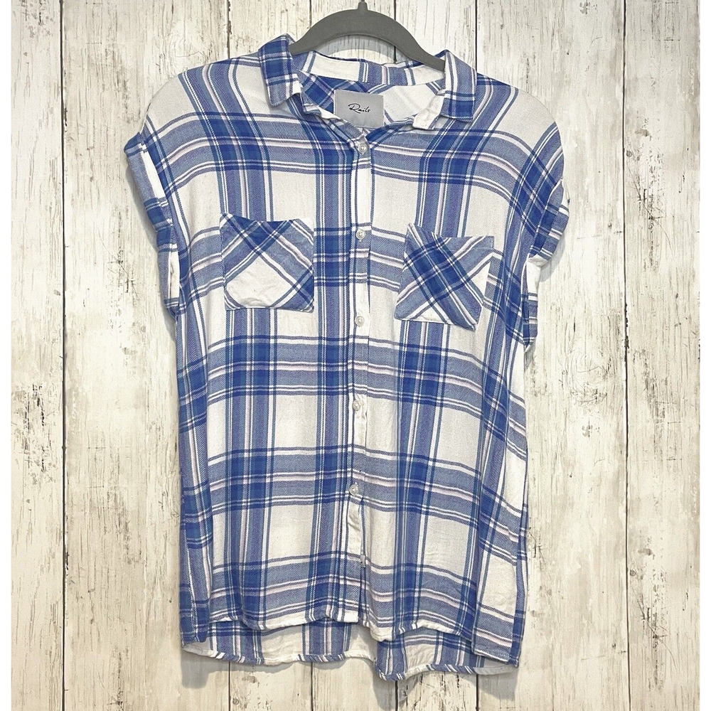 Rails Womens Cap Sleeve Shirt Small Button Down Blue White Lilac Plaid Britt